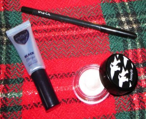 Power trio: Benefit Creaseless Cream Shadow/Liner in r.s.v.p., Noir Long-Wear Eyeliner in Forever Noir, and Eyeko Black Magic Mascara