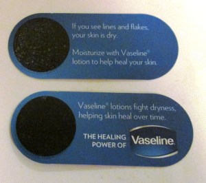 The pre-test strip, above, shows flaky dry skin; the post-test strip, below, is virtually flake free.